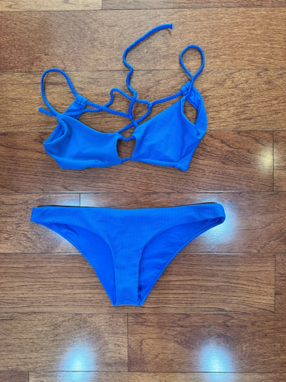 Frankie’s bikinis Electric Blue Ribbed Strappy Bikini Set size L